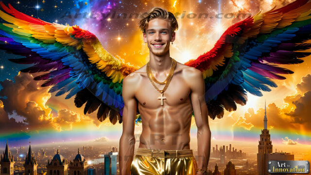 Gay Men Wearing Feathered wings, embellished with the vibrant rainbow palette inspired by the gay pride flag, offering a striking visual impact. A charismatic figure with a prominent jawline, bright white teeth, and adorned with a necklace and earrings, strikes a dynamic pose.