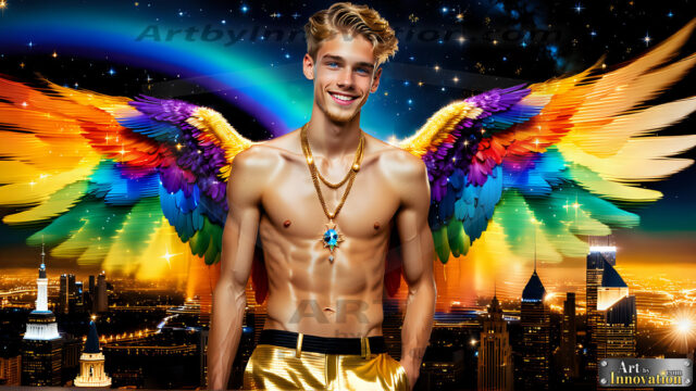 Gay Men Wearing Feathered wings, embellished with the vibrant rainbow palette inspired by the gay pride flag, offering a striking visual impact. A charismatic figure with a prominent jawline, bright white teeth, and adorned with a necklace and earrings, strikes a dynamic pose.
