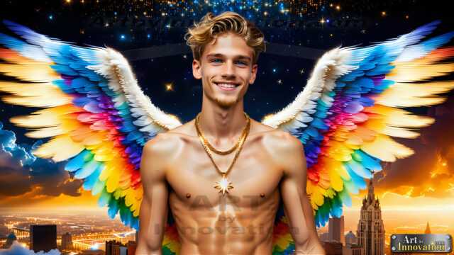 Gay Men Wearing Feathered wings, embellished with the vibrant rainbow palette inspired by the gay pride flag, offering a striking visual impact. A charismatic figure with a prominent jawline, bright white teeth, and adorned with a necklace and earrings, strikes a dynamic pose.