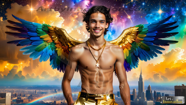 Gay Men Wearing Feathered wings, embellished with the vibrant rainbow palette inspired by the gay pride flag, offering a striking visual impact. A charismatic figure with a prominent jawline, bright white teeth, and adorned with a necklace and earrings, strikes a dynamic pose.
