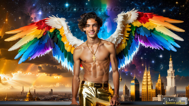 Gay Men Wearing Feathered wings, embellished with the vibrant rainbow palette inspired by the gay pride flag, offering a striking visual impact. A charismatic figure with a prominent jawline, bright white teeth, and adorned with a necklace and earrings, strikes a dynamic pose.