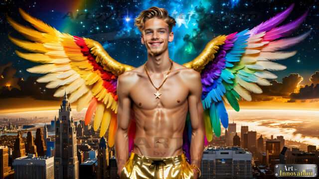 Gay Men Wearing Feathered wings, embellished with the vibrant rainbow palette inspired by the gay pride flag, offering a striking visual impact. A charismatic figure with a prominent jawline, bright white teeth, and adorned with a necklace and earrings, strikes a dynamic pose.