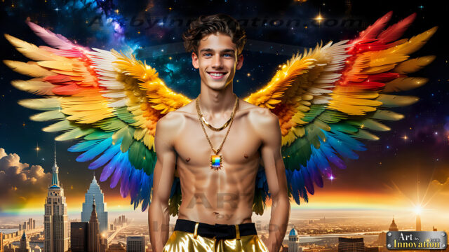 Gay Men Wearing Feathered wings, embellished with the vibrant rainbow palette inspired by the gay pride flag, offering a striking visual impact. A charismatic figure with a prominent jawline, bright white teeth, and adorned with a necklace and earrings, strikes a dynamic pose.