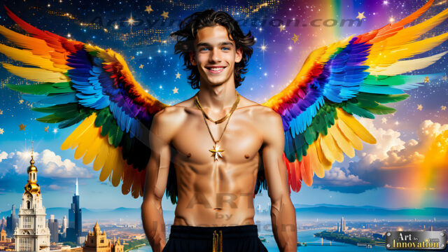 Gay Men Wearing Feathered wings, embellished with the vibrant rainbow palette inspired by the gay pride flag, offering a striking visual impact. A charismatic figure with a prominent jawline, bright white teeth, and adorned with a necklace and earrings, strikes a dynamic pose.