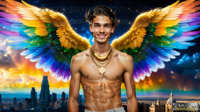 Gay Men Wearing Feathered wings, embellished with the vibrant rainbow palette inspired by the gay pride flag, offering a striking visual impact. A charismatic figure with a prominent jawline, bright white teeth, and adorned with a necklace and earrings, strikes a dynamic pose.