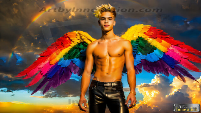 Gay Men Wearing Feathered wings, embellished with the vibrant rainbow palette inspired by the gay pride flag, offering a striking visual impact. A charismatic figure with a prominent jawline, bright white teeth, and adorned with a necklace and earrings, strikes a dynamic pose.