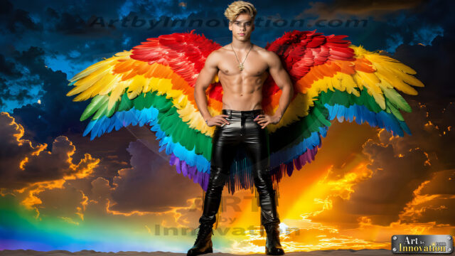 Gay Men Wearing Feathered wings, embellished with the vibrant rainbow palette inspired by the gay pride flag, offering a striking visual impact. A charismatic figure with a prominent jawline, bright white teeth, and adorned with a necklace and earrings, strikes a dynamic pose.