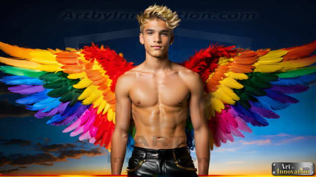 Gay Men Wearing Feathered wings, embellished with the vibrant rainbow palette inspired by the gay pride flag, offering a striking visual impact. A charismatic figure with a prominent jawline, bright white teeth, and adorned with a necklace and earrings, strikes a dynamic pose.
