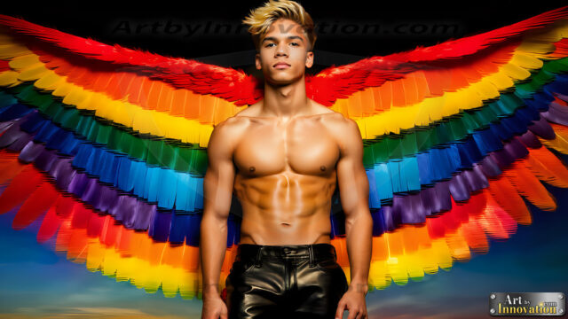 Gay Men Wearing Feathered wings, embellished with the vibrant rainbow palette inspired by the gay pride flag, offering a striking visual impact. A charismatic figure with a prominent jawline, bright white teeth, and adorned with a necklace and earrings, strikes a dynamic pose.