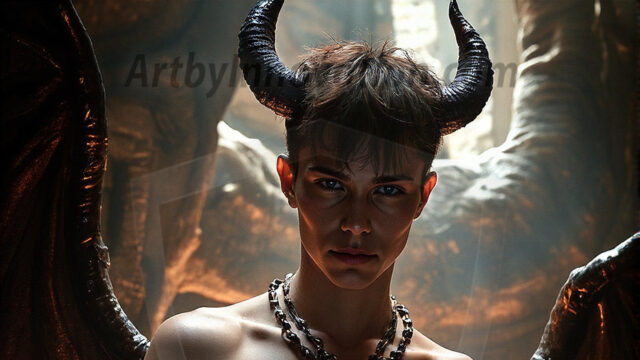 In a dark, ethereal realm, in the midst of the darkness, a figure emerges with an aura of power and magnetism. He is both horrific and strangely captivating, drawing the eye even as he repels the soul. His form is indistinct at first, a ripple in the oppressive blackness, you want to run but you become overwhelmed, drawn in to this creatures powers. Captative by both fear and beauty, you realize, he's a male succubus demon. Deep within the ruins of hell, with a sword in your hand, ready to battle, but unwilling or unable to do so. His skin, flickering fires, casting a dynamic glow across his glistening wet, shinny, body. The flames dance along his chiseled muscular torso and body, casting vibrant hues that seem to emanate from his very core. His eyes, have a piercing glow, locked in a gaze, his eyes, exudes confidence and authority. Unable to move, or unwilling to do so, drawn by his almost completely nude body and overwhelmed by his powers, you given to his will.