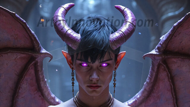 In a dark, ethereal realm, in the midst of the darkness, a figure emerges with an aura of power and magnetism. He is both horrific and strangely captivating, drawing the eye even as he repels the soul. His form is indistinct at first, a ripple in the oppressive blackness, you want to run but you become overwhelmed, drawn in to this creatures powers. Captative by both fear and beauty, you realize, he's a male succubus demon. Deep within the ruins of hell, with a sword in your hand, ready to battle, but unwilling or unable to do so. His skin, flickering fires, casting a dynamic glow across his glistening wet, shinny, body. The flames dance along his chiseled muscular torso and body, casting vibrant hues that seem to emanate from his very core. His eyes, have a piercing glow, locked in a gaze, his eyes, exudes confidence and authority. Unable to move, or unwilling to do so, drawn by his almost completely nude body and overwhelmed by his powers, you given to his will.