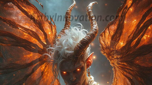 In a dark, ethereal realm, in the midst of the darkness, a figure emerges with an aura of power and magnetism. He is both horrific and strangely captivating, drawing the eye even as he repels the soul. His form is indistinct at first, a ripple in the oppressive blackness, you want to run but you become overwhelmed, drawn in to this creatures powers. Captative by both fear and beauty, you realize, he's a male succubus demon. Deep within the ruins of hell, with a sword in your hand, ready to battle, but unwilling or unable to do so. His skin, flickering fires, casting a dynamic glow across his glistening wet, shinny, body. The flames dance along his chiseled muscular torso and body, casting vibrant hues that seem to emanate from his very core. His eyes, have a piercing glow, locked in a gaze, his eyes, exudes confidence and authority. Unable to move, or unwilling to do so, drawn by his almost completely nude body and overwhelmed by his powers, you given to his will.