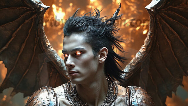 In a dark, ethereal realm, in the midst of the darkness, a figure emerges with an aura of power and magnetism. He is both horrific and strangely captivating, drawing the eye even as he repels the soul. His form is indistinct at first, a ripple in the oppressive blackness, you want to run but you become overwhelmed, drawn in to this creatures powers. Captative by both fear and beauty, you realize, he's a male succubus demon. Deep within the ruins of hell, with a sword in your hand, ready to battle, but unwilling or unable to do so. His skin, flickering fires, casting a dynamic glow across his glistening wet, shinny, body. The flames dance along his chiseled muscular torso and body, casting vibrant hues that seem to emanate from his very core. His eyes, have a piercing glow, locked in a gaze, his eyes, exudes confidence and authority. Unable to move, or unwilling to do so, drawn by his almost completely nude body and overwhelmed by his powers, you given to his will.