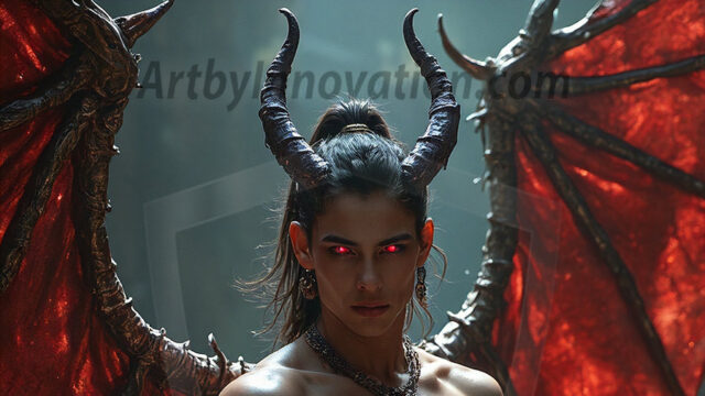 In a dark, ethereal realm, in the midst of the darkness, a figure emerges with an aura of power and magnetism. He is both horrific and strangely captivating, drawing the eye even as he repels the soul. His form is indistinct at first, a ripple in the oppressive blackness, you want to run but you become overwhelmed, drawn in to this creatures powers. Captative by both fear and beauty, you realize, he's a male succubus demon. Deep within the ruins of hell, with a sword in your hand, ready to battle, but unwilling or unable to do so. His skin, flickering fires, casting a dynamic glow across his glistening wet, shinny, body. The flames dance along his chiseled muscular torso and body, casting vibrant hues that seem to emanate from his very core. His eyes, have a piercing glow, locked in a gaze, his eyes, exudes confidence and authority. Unable to move, or unwilling to do so, drawn by his almost completely nude body and overwhelmed by his powers, you given to his will.