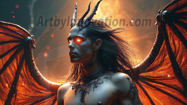 In a dark, ethereal realm, in the midst of the darkness, a figure emerges with an aura of power and magnetism. He is both horrific and strangely captivating, drawing the eye even as he repels the soul. His form is indistinct at first, a ripple in the oppressive blackness, you want to run but you become overwhelmed, drawn in to this creatures powers. Captative by both fear and beauty, you realize, he's a male succubus demon. Deep within the ruins of hell, with a sword in your hand, ready to battle, but unwilling or unable to do so. His skin, flickering fires, casting a dynamic glow across his glistening wet, shinny, body. The flames dance along his chiseled muscular torso and body, casting vibrant hues that seem to emanate from his very core. His eyes, have a piercing glow, locked in a gaze, his eyes, exudes confidence and authority. Unable to move, or unwilling to do so, drawn by his almost completely nude body and overwhelmed by his powers, you given to his will.