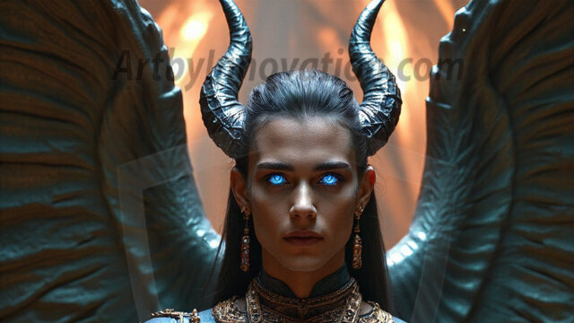 In a dark, ethereal realm, in the midst of the darkness, a figure emerges with an aura of power and magnetism. He is both horrific and strangely captivating, drawing the eye even as he repels the soul. His form is indistinct at first, a ripple in the oppressive blackness, you want to run but you become overwhelmed, drawn in to this creatures powers. Captative by both fear and beauty, you realize, he's a male succubus demon. Deep within the ruins of hell, with a sword in your hand, ready to battle, but unwilling or unable to do so. His skin, flickering fires, casting a dynamic glow across his glistening wet, shinny, body. The flames dance along his chiseled muscular torso and body, casting vibrant hues that seem to emanate from his very core. His eyes, have a piercing glow, locked in a gaze, his eyes, exudes confidence and authority. Unable to move, or unwilling to do so, drawn by his almost completely nude body and overwhelmed by his powers, you given to his will.