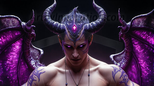 In a dark, ethereal realm, in the midst of the darkness, a figure emerges with an aura of power and magnetism. He is both horrific and strangely captivating, drawing the eye even as he repels the soul. His form is indistinct at first, a ripple in the oppressive blackness, you want to run but you become overwhelmed, drawn in to this creatures powers. Captative by both fear and beauty, you realize, he's a male succubus demon. Deep within the ruins of hell, with a sword in your hand, ready to battle, but unwilling or unable to do so. His skin, flickering fires, casting a dynamic glow across his glistening wet, shinny, body. The flames dance along his chiseled muscular torso and body, casting vibrant hues that seem to emanate from his very core. His eyes, have a piercing glow, locked in a gaze, his eyes, exudes confidence and authority. Unable to move, or unwilling to do so, drawn by his almost completely nude body and overwhelmed by his powers, you given to his will.