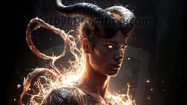 In a dark, ethereal realm, in the midst of the darkness, a figure emerges with an aura of power and magnetism. He is both horrific and strangely captivating, drawing the eye even as he repels the soul. His form is indistinct at first, a ripple in the oppressive blackness, you want to run but you become overwhelmed, drawn in to this creatures powers. Captative by both fear and beauty, you realize, he's a male succubus demon. Deep within the ruins of hell, with a sword in your hand, ready to battle, but unwilling or unable to do so. His skin, flickering fires, casting a dynamic glow across his glistening wet, shinny, body. The flames dance along his chiseled muscular torso and body, casting vibrant hues that seem to emanate from his very core. His eyes, have a piercing glow, locked in a gaze, his eyes, exudes confidence and authority. Unable to move, or unwilling to do so, drawn by his almost completely nude body and overwhelmed by his powers, you given to his will.