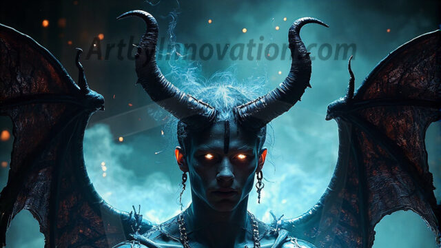 In a dark, ethereal realm, in the midst of the darkness, a figure emerges with an aura of power and magnetism. He is both horrific and strangely captivating, drawing the eye even as he repels the soul. His form is indistinct at first, a ripple in the oppressive blackness, you want to run but you become overwhelmed, drawn in to this creatures powers. Captative by both fear and beauty, you realize, he's a male succubus demon. Deep within the ruins of hell, with a sword in your hand, ready to battle, but unwilling or unable to do so. His skin, flickering fires, casting a dynamic glow across his glistening wet, shinny, body. The flames dance along his chiseled muscular torso and body, casting vibrant hues that seem to emanate from his very core. His eyes, have a piercing glow, locked in a gaze, his eyes, exudes confidence and authority. Unable to move, or unwilling to do so, drawn by his almost completely nude body and overwhelmed by his powers, you given to his will.