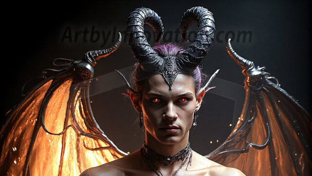 In a dark, ethereal realm, in the midst of the darkness, a figure emerges with an aura of power and magnetism. He is both horrific and strangely captivating, drawing the eye even as he repels the soul. His form is indistinct at first, a ripple in the oppressive blackness, you want to run but you become overwhelmed, drawn in to this creatures powers. Captative by both fear and beauty, you realize, he's a male succubus demon. Deep within the ruins of hell, with a sword in your hand, ready to battle, but unwilling or unable to do so. His skin, flickering fires, casting a dynamic glow across his glistening wet, shinny, body. The flames dance along his chiseled muscular torso and body, casting vibrant hues that seem to emanate from his very core. His eyes, have a piercing glow, locked in a gaze, his eyes, exudes confidence and authority. Unable to move, or unwilling to do so, drawn by his almost completely nude body and overwhelmed by his powers, you given to his will.