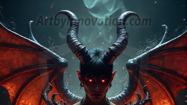 In a dark, ethereal realm, in the midst of the darkness, a figure emerges with an aura of power and magnetism. He is both horrific and strangely captivating, drawing the eye even as he repels the soul. His form is indistinct at first, a ripple in the oppressive blackness, you want to run but you become overwhelmed, drawn in to this creatures powers. Captative by both fear and beauty, you realize, he's a male succubus demon. Deep within the ruins of hell, with a sword in your hand, ready to battle, but unwilling or unable to do so. His skin, flickering fires, casting a dynamic glow across his glistening wet, shinny, body. The flames dance along his chiseled muscular torso and body, casting vibrant hues that seem to emanate from his very core. His eyes, have a piercing glow, locked in a gaze, his eyes, exudes confidence and authority. Unable to move, or unwilling to do so, drawn by his almost completely nude body and overwhelmed by his powers, you given to his will.