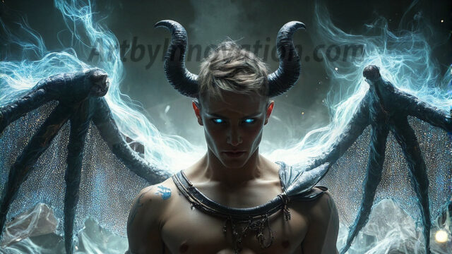 In a dark, ethereal realm, in the midst of the darkness, a figure emerges with an aura of power and magnetism. He is both horrific and strangely captivating, drawing the eye even as he repels the soul. His form is indistinct at first, a ripple in the oppressive blackness, you want to run but you become overwhelmed, drawn in to this creatures powers. Captative by both fear and beauty, you realize, he's a male succubus demon. Deep within the ruins of hell, with a sword in your hand, ready to battle, but unwilling or unable to do so. His skin, flickering fires, casting a dynamic glow across his glistening wet, shinny, body. The flames dance along his chiseled muscular torso and body, casting vibrant hues that seem to emanate from his very core. His eyes, have a piercing glow, locked in a gaze, his eyes, exudes confidence and authority. Unable to move, or unwilling to do so, drawn by his almost completely nude body and overwhelmed by his powers, you given to his will.