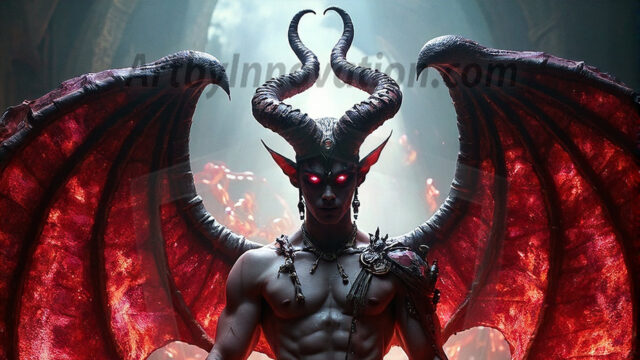 In a dark, ethereal realm, in the midst of the darkness, a figure emerges with an aura of power and magnetism. He is both horrific and strangely captivating, drawing the eye even as he repels the soul. His form is indistinct at first, a ripple in the oppressive blackness, you want to run but you become overwhelmed, drawn in to this creatures powers. Captative by both fear and beauty, you realize, he's a male succubus demon. Deep within the ruins of hell, with a sword in your hand, ready to battle, but unwilling or unable to do so. His skin, flickering fires, casting a dynamic glow across his glistening wet, shinny, body. The flames dance along his chiseled muscular torso and body, casting vibrant hues that seem to emanate from his very core. His eyes, have a piercing glow, locked in a gaze, his eyes, exudes confidence and authority. Unable to move, or unwilling to do so, drawn by his almost completely nude body and overwhelmed by his powers, you given to his will.