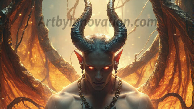 In a dark, ethereal realm, in the midst of the darkness, a figure emerges with an aura of power and magnetism. He is both horrific and strangely captivating, drawing the eye even as he repels the soul. His form is indistinct at first, a ripple in the oppressive blackness, you want to run but you become overwhelmed, drawn in to this creatures powers. Captative by both fear and beauty, you realize, he's a male succubus demon. Deep within the ruins of hell, with a sword in your hand, ready to battle, but unwilling or unable to do so. His skin, flickering fires, casting a dynamic glow across his glistening wet, shinny, body. The flames dance along his chiseled muscular torso and body, casting vibrant hues that seem to emanate from his very core. His eyes, have a piercing glow, locked in a gaze, his eyes, exudes confidence and authority. Unable to move, or unwilling to do so, drawn by his almost completely nude body and overwhelmed by his powers, you given to his will.