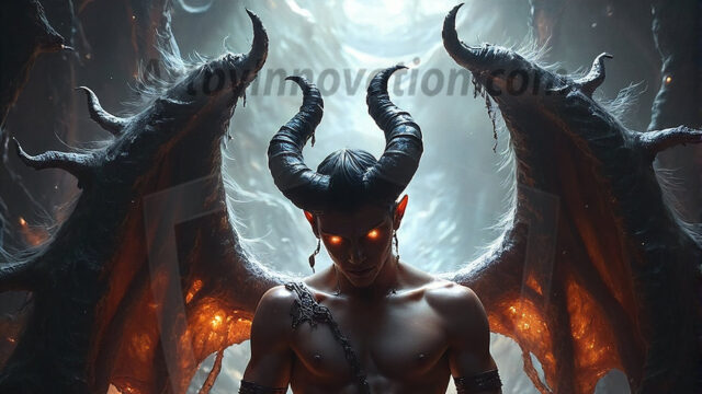 In a dark, ethereal realm, in the midst of the darkness, a figure emerges with an aura of power and magnetism. He is both horrific and strangely captivating, drawing the eye even as he repels the soul. His form is indistinct at first, a ripple in the oppressive blackness, you want to run but you become overwhelmed, drawn in to this creatures powers. Captative by both fear and beauty, you realize, he's a male succubus demon. Deep within the ruins of hell, with a sword in your hand, ready to battle, but unwilling or unable to do so. His skin, flickering fires, casting a dynamic glow across his glistening wet, shinny, body. The flames dance along his chiseled muscular torso and body, casting vibrant hues that seem to emanate from his very core. His eyes, have a piercing glow, locked in a gaze, his eyes, exudes confidence and authority. Unable to move, or unwilling to do so, drawn by his almost completely nude body and overwhelmed by his powers, you given to his will.