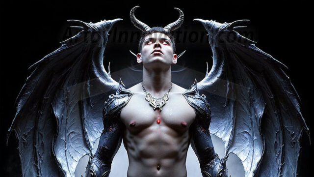 In a dark, ethereal realm, in the midst of the darkness, a figure emerges with an aura of power and magnetism. He is both horrific and strangely captivating, drawing the eye even as he repels the soul. His form is indistinct at first, a ripple in the oppressive blackness, you want to run but you become overwhelmed, drawn in to this creatures powers. Captative by both fear and beauty, you realize, he's a male succubus demon. Deep within the ruins of hell, with a sword in your hand, ready to battle, but unwilling or unable to do so. His skin, flickering fires, casting a dynamic glow across his glistening wet, shinny, body. The flames dance along his chiseled muscular torso and body, casting vibrant hues that seem to emanate from his very core. His eyes, have a piercing glow, locked in a gaze, his eyes, exudes confidence and authority. Unable to move, or unwilling to do so, drawn by his almost completely nude body and overwhelmed by his powers, you given to his will.