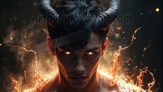 In a dark, ethereal realm, in the midst of the darkness, a figure emerges with an aura of power and magnetism. He is both horrific and strangely captivating, drawing the eye even as he repels the soul. His form is indistinct at first, a ripple in the oppressive blackness, you want to run but you become overwhelmed, drawn in to this creatures powers. Captative by both fear and beauty, you realize, he's a male succubus demon. Deep within the ruins of hell, with a sword in your hand, ready to battle, but unwilling or unable to do so. His skin, flickering fires, casting a dynamic glow across his glistening wet, shinny, body. The flames dance along his chiseled muscular torso and body, casting vibrant hues that seem to emanate from his very core. His eyes, have a piercing glow, locked in a gaze, his eyes, exudes confidence and authority. Unable to move, or unwilling to do so, drawn by his almost completely nude body and overwhelmed by his powers, you given to his will.