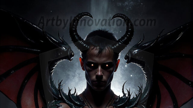 In a dark, ethereal realm, in the midst of the darkness, a figure emerges with an aura of power and magnetism. He is both horrific and strangely captivating, drawing the eye even as he repels the soul. His form is indistinct at first, a ripple in the oppressive blackness, you want to run but you become overwhelmed, drawn in to this creatures powers. Captative by both fear and beauty, you realize, he's a male succubus demon. Deep within the ruins of hell, with a sword in your hand, ready to battle, but unwilling or unable to do so. His skin, flickering fires, casting a dynamic glow across his glistening wet, shinny, body. The flames dance along his chiseled muscular torso and body, casting vibrant hues that seem to emanate from his very core. His eyes, have a piercing glow, locked in a gaze, his eyes, exudes confidence and authority. Unable to move, or unwilling to do so, drawn by his almost completely nude body and overwhelmed by his powers, you given to his will.