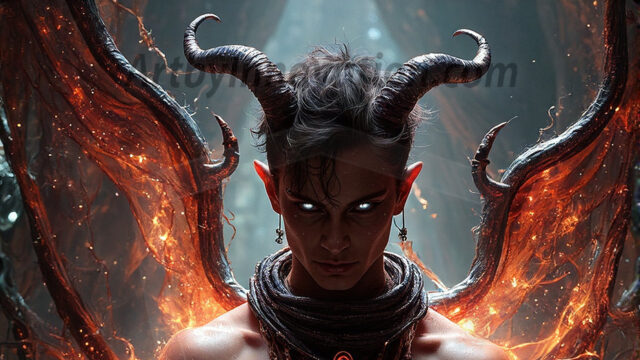 In a dark, ethereal realm, in the midst of the darkness, a figure emerges with an aura of power and magnetism. He is both horrific and strangely captivating, drawing the eye even as he repels the soul. His form is indistinct at first, a ripple in the oppressive blackness, you want to run but you become overwhelmed, drawn in to this creatures powers. Captative by both fear and beauty, you realize, he's a male succubus demon. Deep within the ruins of hell, with a sword in your hand, ready to battle, but unwilling or unable to do so. His skin, flickering fires, casting a dynamic glow across his glistening wet, shinny, body. The flames dance along his chiseled muscular torso and body, casting vibrant hues that seem to emanate from his very core. His eyes, have a piercing glow, locked in a gaze, his eyes, exudes confidence and authority. Unable to move, or unwilling to do so, drawn by his almost completely nude body and overwhelmed by his powers, you given to his will.