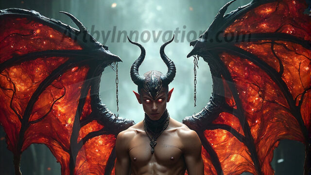 In a dark, ethereal realm, in the midst of the darkness, a figure emerges with an aura of power and magnetism. He is both horrific and strangely captivating, drawing the eye even as he repels the soul. His form is indistinct at first, a ripple in the oppressive blackness, you want to run but you become overwhelmed, drawn in to this creatures powers. Captative by both fear and beauty, you realize, he's a male succubus demon. Deep within the ruins of hell, with a sword in your hand, ready to battle, but unwilling or unable to do so. His skin, flickering fires, casting a dynamic glow across his glistening wet, shinny, body. The flames dance along his chiseled muscular torso and body, casting vibrant hues that seem to emanate from his very core. His eyes, have a piercing glow, locked in a gaze, his eyes, exudes confidence and authority. Unable to move, or unwilling to do so, drawn by his almost completely nude body and overwhelmed by his powers, you given to his will.