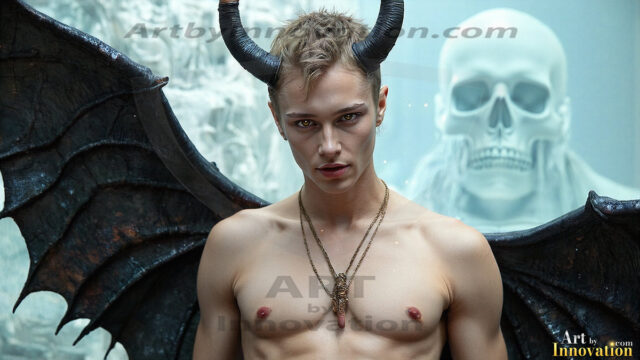 In a dark, ethereal realm, in the midst of the darkness, a figure emerges with an aura of power and magnetism. He is both horrific and strangely captivating, drawing the eye even as he repels the soul. His form is indistinct at first, a ripple in the oppressive blackness, you want to run but you become overwhelmed, drawn in to this creatures powers. Captative by both fear and beauty, you realize, he's a male succubus demon. Deep within the ruins of hell, with a sword in your hand, ready to battle, but unwilling or unable to do so. His skin, flickering fires, casting a dynamic glow across his glistening wet, shinny, body. The flames dance along his chiseled muscular torso and body, casting vibrant hues that seem to emanate from his very core. His eyes, have a piercing glow, locked in a gaze, his eyes, exudes confidence and authority. Unable to move, or unwilling to do so, drawn by his almost completely nude body and overwhelmed by his powers, you given to his will.