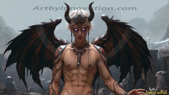 In a dark, ethereal realm, in the midst of the darkness, a figure emerges with an aura of power and magnetism. He is both horrific and strangely captivating, drawing the eye even as he repels the soul. His form is indistinct at first, a ripple in the oppressive blackness, you want to run but you become overwhelmed, drawn in to this creatures powers. Captative by both fear and beauty, you realize, he's a male succubus demon. Deep within the ruins of hell, with a sword in your hand, ready to battle, but unwilling or unable to do so. His skin, flickering fires, casting a dynamic glow across his glistening wet, shinny, body. The flames dance along his chiseled muscular torso and body, casting vibrant hues that seem to emanate from his very core. His eyes, have a piercing glow, locked in a gaze, his eyes, exudes confidence and authority. Unable to move, or unwilling to do so, drawn by his almost completely nude body and overwhelmed by his powers, you given to his will.