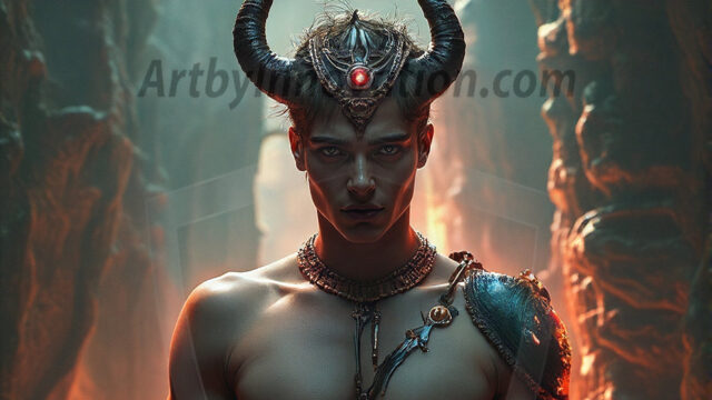 In a dark, ethereal realm, in the midst of the darkness, a figure emerges with an aura of power and magnetism. He is both horrific and strangely captivating, drawing the eye even as he repels the soul. His form is indistinct at first, a ripple in the oppressive blackness, you want to run but you become overwhelmed, drawn in to this creatures powers. Captative by both fear and beauty, you realize, he's a male succubus demon. Deep within the ruins of hell, with a sword in your hand, ready to battle, but unwilling or unable to do so. His skin, flickering fires, casting a dynamic glow across his glistening wet, shinny, body. The flames dance along his chiseled muscular torso and body, casting vibrant hues that seem to emanate from his very core. His eyes, have a piercing glow, locked in a gaze, his eyes, exudes confidence and authority. Unable to move, or unwilling to do so, drawn by his almost completely nude body and overwhelmed by his powers, you given to his will.