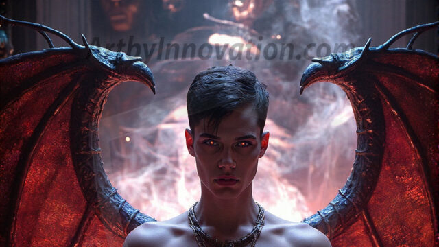 In a dark, ethereal realm, in the midst of the darkness, a figure emerges with an aura of power and magnetism. He is both horrific and strangely captivating, drawing the eye even as he repels the soul. His form is indistinct at first, a ripple in the oppressive blackness, you want to run but you become overwhelmed, drawn in to this creatures powers. Captative by both fear and beauty, you realize, he's a male succubus demon. Deep within the ruins of hell, with a sword in your hand, ready to battle, but unwilling or unable to do so. His skin, flickering fires, casting a dynamic glow across his glistening wet, shinny, body. The flames dance along his chiseled muscular torso and body, casting vibrant hues that seem to emanate from his very core. His eyes, have a piercing glow, locked in a gaze, his eyes, exudes confidence and authority. Unable to move, or unwilling to do so, drawn by his almost completely nude body and overwhelmed by his powers, you given to his will.