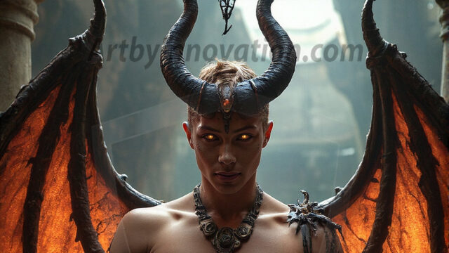 In a dark, ethereal realm, in the midst of the darkness, a figure emerges with an aura of power and magnetism. He is both horrific and strangely captivating, drawing the eye even as he repels the soul. His form is indistinct at first, a ripple in the oppressive blackness, you want to run but you become overwhelmed, drawn in to this creatures powers. Captative by both fear and beauty, you realize, he's a male succubus demon. Deep within the ruins of hell, with a sword in your hand, ready to battle, but unwilling or unable to do so. His skin, flickering fires, casting a dynamic glow across his glistening wet, shinny, body. The flames dance along his chiseled muscular torso and body, casting vibrant hues that seem to emanate from his very core. His eyes, have a piercing glow, locked in a gaze, his eyes, exudes confidence and authority. Unable to move, or unwilling to do so, drawn by his almost completely nude body and overwhelmed by his powers, you given to his will.