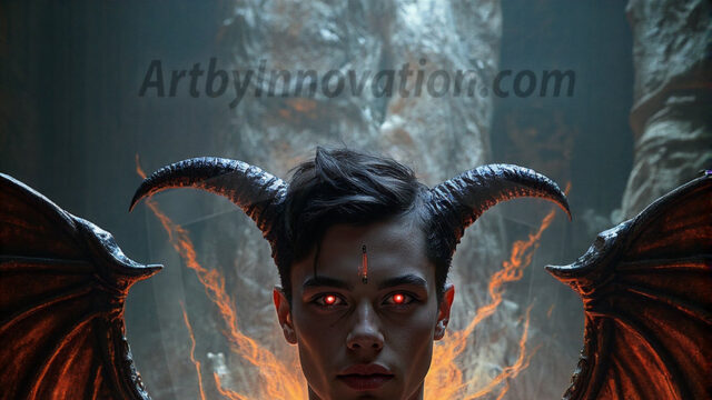 In a dark, ethereal realm, in the midst of the darkness, a figure emerges with an aura of power and magnetism. He is both horrific and strangely captivating, drawing the eye even as he repels the soul. His form is indistinct at first, a ripple in the oppressive blackness, you want to run but you become overwhelmed, drawn in to this creatures powers. Captative by both fear and beauty, you realize, he's a male succubus demon. Deep within the ruins of hell, with a sword in your hand, ready to battle, but unwilling or unable to do so. His skin, flickering fires, casting a dynamic glow across his glistening wet, shinny, body. The flames dance along his chiseled muscular torso and body, casting vibrant hues that seem to emanate from his very core. His eyes, have a piercing glow, locked in a gaze, his eyes, exudes confidence and authority. Unable to move, or unwilling to do so, drawn by his almost completely nude body and overwhelmed by his powers, you given to his will.