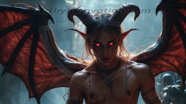 In a dark, ethereal realm, in the midst of the darkness, a figure emerges with an aura of power and magnetism. He is both horrific and strangely captivating, drawing the eye even as he repels the soul. His form is indistinct at first, a ripple in the oppressive blackness, you want to run but you become overwhelmed, drawn in to this creatures powers. Captative by both fear and beauty, you realize, he's a male succubus demon. Deep within the ruins of hell, with a sword in your hand, ready to battle, but unwilling or unable to do so. His skin, flickering fires, casting a dynamic glow across his glistening wet, shinny, body. The flames dance along his chiseled muscular torso and body, casting vibrant hues that seem to emanate from his very core. His eyes, have a piercing glow, locked in a gaze, his eyes, exudes confidence and authority. Unable to move, or unwilling to do so, drawn by his almost completely nude body and overwhelmed by his powers, you given to his will.