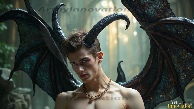 In a dark, ethereal realm, in the midst of the darkness, a figure emerges with an aura of power and magnetism. He is both horrific and strangely captivating, drawing the eye even as he repels the soul. His form is indistinct at first, a ripple in the oppressive blackness, you want to run but you become overwhelmed, drawn in to this creatures powers. Captative by both fear and beauty, you realize, he's a male succubus demon. Deep within the ruins of hell, with a sword in your hand, ready to battle, but unwilling or unable to do so. His skin, flickering fires, casting a dynamic glow across his glistening wet, shinny, body. The flames dance along his chiseled muscular torso and body, casting vibrant hues that seem to emanate from his very core. His eyes, have a piercing glow, locked in a gaze, his eyes, exudes confidence and authority. Unable to move, or unwilling to do so, drawn by his almost completely nude body and overwhelmed by his powers, you given to his will.