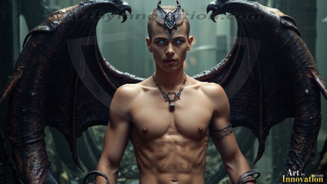 In a dark, ethereal realm, in the midst of the darkness, a figure emerges with an aura of power and magnetism. He is both horrific and strangely captivating, drawing the eye even as he repels the soul. His form is indistinct at first, a ripple in the oppressive blackness, you want to run but you become overwhelmed, drawn in to this creatures powers. Captative by both fear and beauty, you realize, he's a male succubus demon. Deep within the ruins of hell, with a sword in your hand, ready to battle, but unwilling or unable to do so. His skin, flickering fires, casting a dynamic glow across his glistening wet, shinny, body. The flames dance along his chiseled muscular torso and body, casting vibrant hues that seem to emanate from his very core. His eyes, have a piercing glow, locked in a gaze, his eyes, exudes confidence and authority. Unable to move, or unwilling to do so, drawn by his almost completely nude body and overwhelmed by his powers, you given to his will.