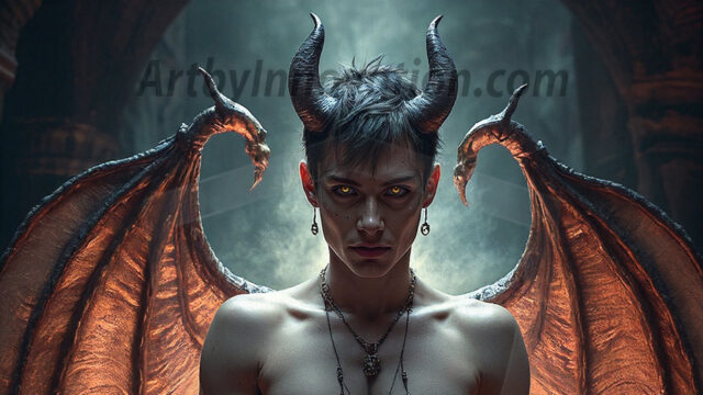 In a dark, ethereal realm, in the midst of the darkness, a figure emerges with an aura of power and magnetism. He is both horrific and strangely captivating, drawing the eye even as he repels the soul. His form is indistinct at first, a ripple in the oppressive blackness, you want to run but you become overwhelmed, drawn in to this creatures powers. Captative by both fear and beauty, you realize, he's a male succubus demon. Deep within the ruins of hell, with a sword in your hand, ready to battle, but unwilling or unable to do so. His skin, flickering fires, casting a dynamic glow across his glistening wet, shinny, body. The flames dance along his chiseled muscular torso and body, casting vibrant hues that seem to emanate from his very core. His eyes, have a piercing glow, locked in a gaze, his eyes, exudes confidence and authority. Unable to move, or unwilling to do so, drawn by his almost completely nude body and overwhelmed by his powers, you given to his will.