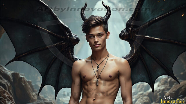 In a dark, ethereal realm, in the midst of the darkness, a figure emerges with an aura of power and magnetism. He is both horrific and strangely captivating, drawing the eye even as he repels the soul. His form is indistinct at first, a ripple in the oppressive blackness, you want to run but you become overwhelmed, drawn in to this creatures powers. Captative by both fear and beauty, you realize, he's a male succubus demon. Deep within the ruins of hell, with a sword in your hand, ready to battle, but unwilling or unable to do so. His skin, flickering fires, casting a dynamic glow across his glistening wet, shinny, body. The flames dance along his chiseled muscular torso and body, casting vibrant hues that seem to emanate from his very core. His eyes, have a piercing glow, locked in a gaze, his eyes, exudes confidence and authority. Unable to move, or unwilling to do so, drawn by his almost completely nude body and overwhelmed by his powers, you given to his will.