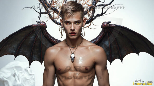 In a dark, ethereal realm, in the midst of the darkness, a figure emerges with an aura of power and magnetism. He is both horrific and strangely captivating, drawing the eye even as he repels the soul. His form is indistinct at first, a ripple in the oppressive blackness, you want to run but you become overwhelmed, drawn in to this creatures powers. Captative by both fear and beauty, you realize, he's a male succubus demon. Deep within the ruins of hell, with a sword in your hand, ready to battle, but unwilling or unable to do so. His skin, flickering fires, casting a dynamic glow across his glistening wet, shinny, body. The flames dance along his chiseled muscular torso and body, casting vibrant hues that seem to emanate from his very core. His eyes, have a piercing glow, locked in a gaze, his eyes, exudes confidence and authority. Unable to move, or unwilling to do so, drawn by his almost completely nude body and overwhelmed by his powers, you given to his will.