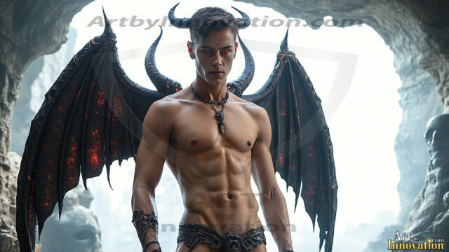 In a dark, ethereal realm, in the midst of the darkness, a figure emerges with an aura of power and magnetism. He is both horrific and strangely captivating, drawing the eye even as he repels the soul. His form is indistinct at first, a ripple in the oppressive blackness, you want to run but you become overwhelmed, drawn in to this creatures powers. Captative by both fear and beauty, you realize, he's a male succubus demon. Deep within the ruins of hell, with a sword in your hand, ready to battle, but unwilling or unable to do so. His skin, flickering fires, casting a dynamic glow across his glistening wet, shinny, body. The flames dance along his chiseled muscular torso and body, casting vibrant hues that seem to emanate from his very core. His eyes, have a piercing glow, locked in a gaze, his eyes, exudes confidence and authority. Unable to move, or unwilling to do so, drawn by his almost completely nude body and overwhelmed by his powers, you given to his will.