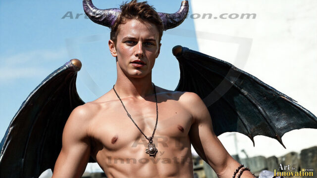 In a dark, ethereal realm, in the midst of the darkness, a figure emerges with an aura of power and magnetism. He is both horrific and strangely captivating, drawing the eye even as he repels the soul. His form is indistinct at first, a ripple in the oppressive blackness, you want to run but you become overwhelmed, drawn in to this creatures powers. Captative by both fear and beauty, you realize, he's a male succubus demon. Deep within the ruins of hell, with a sword in your hand, ready to battle, but unwilling or unable to do so. His skin, flickering fires, casting a dynamic glow across his glistening wet, shinny, body. The flames dance along his chiseled muscular torso and body, casting vibrant hues that seem to emanate from his very core. His eyes, have a piercing glow, locked in a gaze, his eyes, exudes confidence and authority. Unable to move, or unwilling to do so, drawn by his almost completely nude body and overwhelmed by his powers, you given to his will.