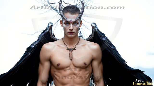 In a dark, ethereal realm, in the midst of the darkness, a figure emerges with an aura of power and magnetism. He is both horrific and strangely captivating, drawing the eye even as he repels the soul. His form is indistinct at first, a ripple in the oppressive blackness, you want to run but you become overwhelmed, drawn in to this creatures powers. Captative by both fear and beauty, you realize, he's a male succubus demon. Deep within the ruins of hell, with a sword in your hand, ready to battle, but unwilling or unable to do so. His skin, flickering fires, casting a dynamic glow across his glistening wet, shinny, body. The flames dance along his chiseled muscular torso and body, casting vibrant hues that seem to emanate from his very core. His eyes, have a piercing glow, locked in a gaze, his eyes, exudes confidence and authority. Unable to move, or unwilling to do so, drawn by his almost completely nude body and overwhelmed by his powers, you given to his will.