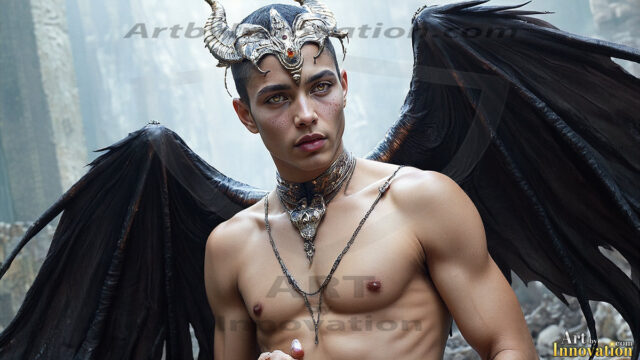 In a dark, ethereal realm, in the midst of the darkness, a figure emerges with an aura of power and magnetism. He is both horrific and strangely captivating, drawing the eye even as he repels the soul. His form is indistinct at first, a ripple in the oppressive blackness, you want to run but you become overwhelmed, drawn in to this creatures powers. Captative by both fear and beauty, you realize, he's a male succubus demon. Deep within the ruins of hell, with a sword in your hand, ready to battle, but unwilling or unable to do so. His skin, flickering fires, casting a dynamic glow across his glistening wet, shinny, body. The flames dance along his chiseled muscular torso and body, casting vibrant hues that seem to emanate from his very core. His eyes, have a piercing glow, locked in a gaze, his eyes, exudes confidence and authority. Unable to move, or unwilling to do so, drawn by his almost completely nude body and overwhelmed by his powers, you given to his will.